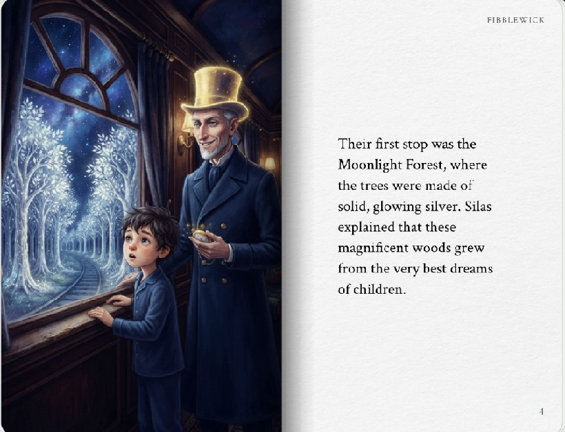 A boy and the conductor looking out at a glowing silver forest