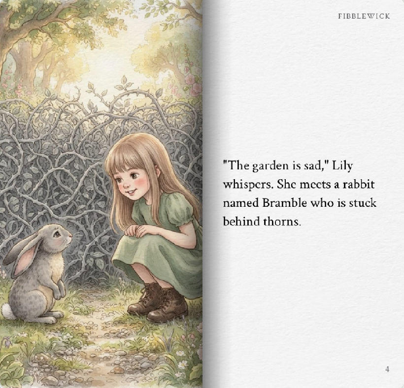 Lily meeting a rabbit behind a green ivy door