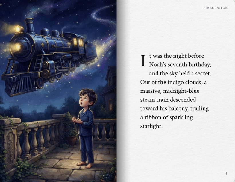 A midnight steam train descending from a starry sky