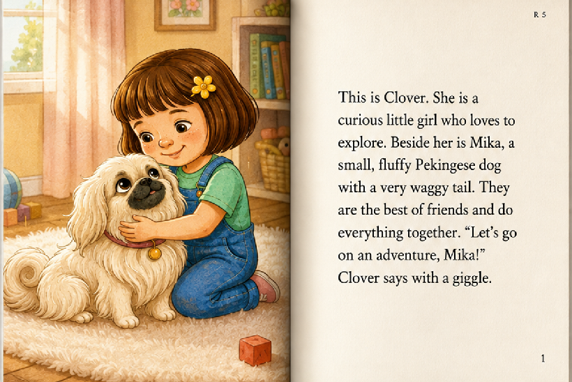 Clover hugging Mika, her Pekingese dog, in a sunlit bedroom